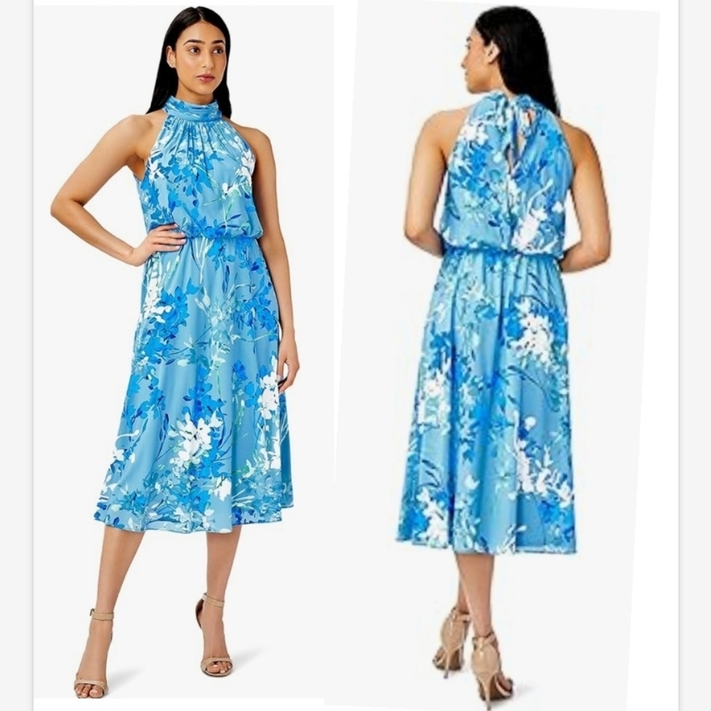NWT Adrianna Papell Women's Blue  Floral Print Midi Dress SZ 4